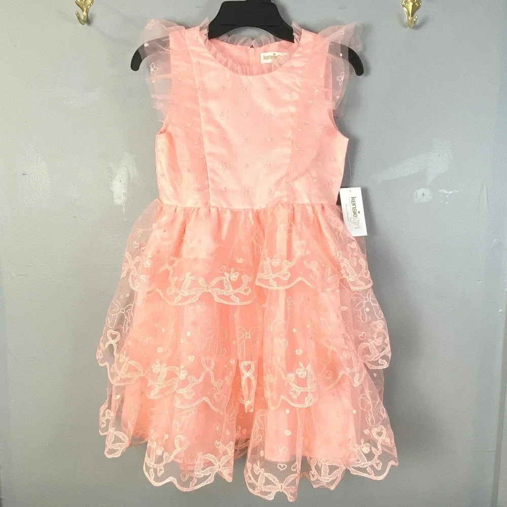 Girls Ruffle Sleeveless Party Dress Peach / Pink Formal Wedding Guest Size 8 NWT